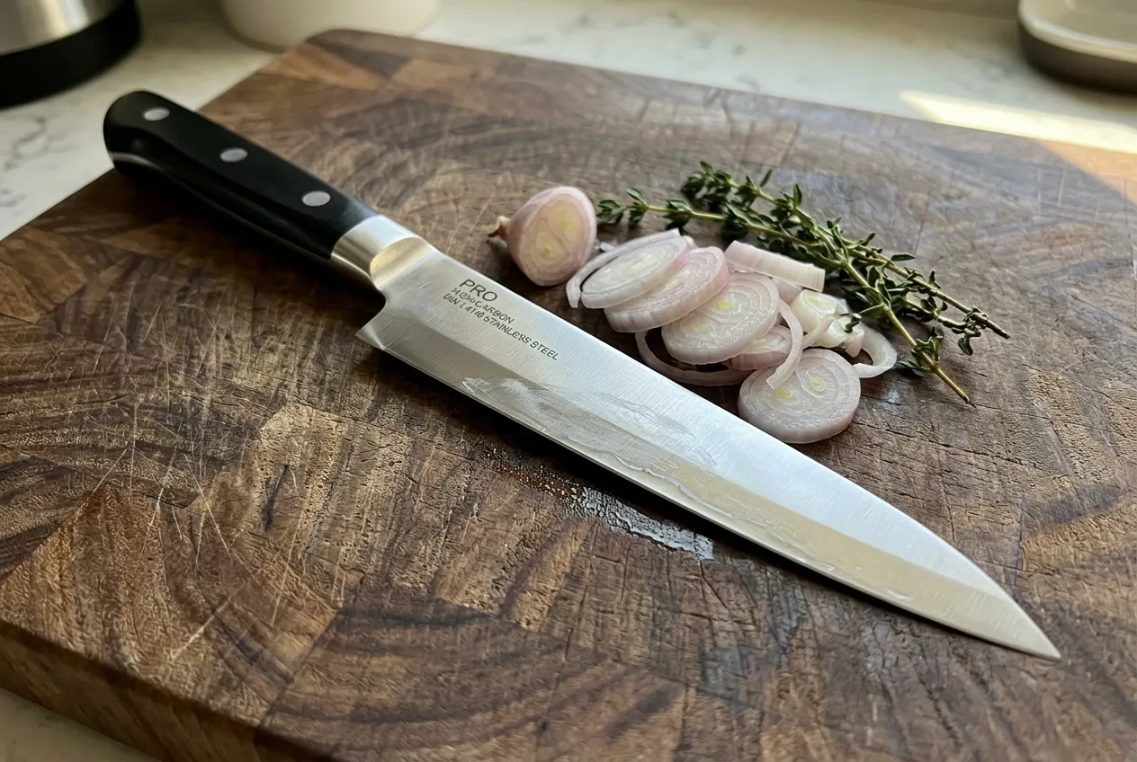 Chef searing steak in stainless steel pan