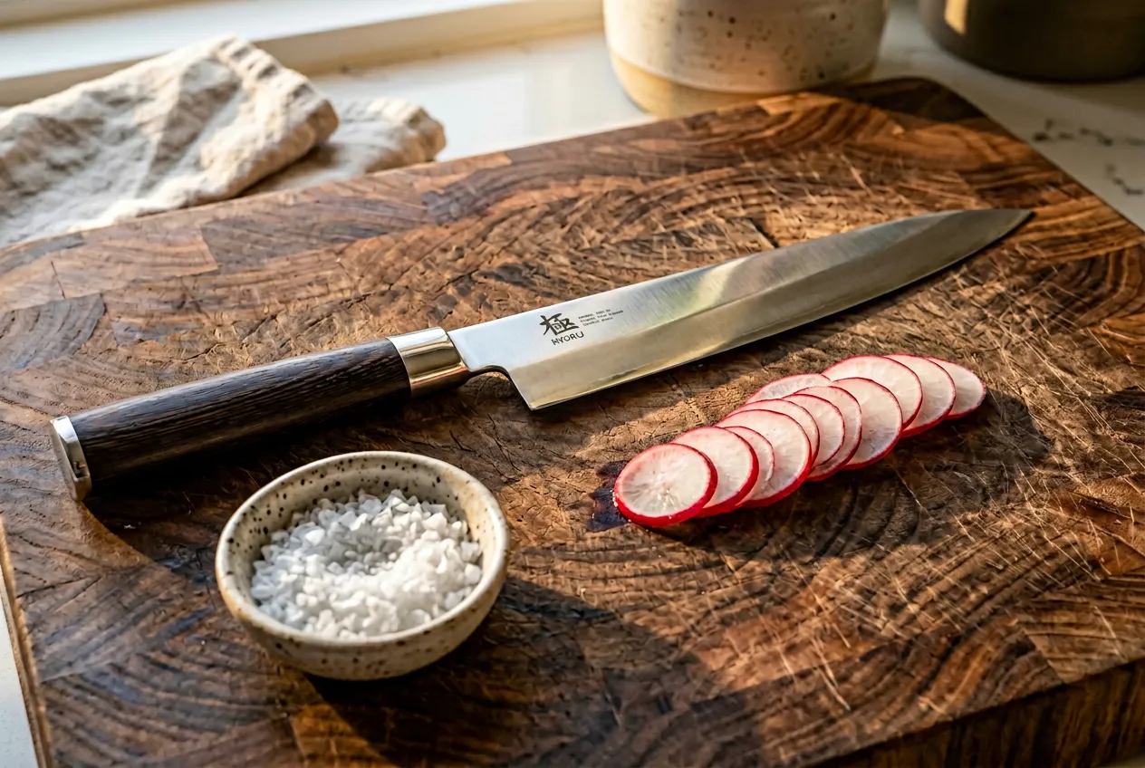 Chef searing steak in stainless steel pan